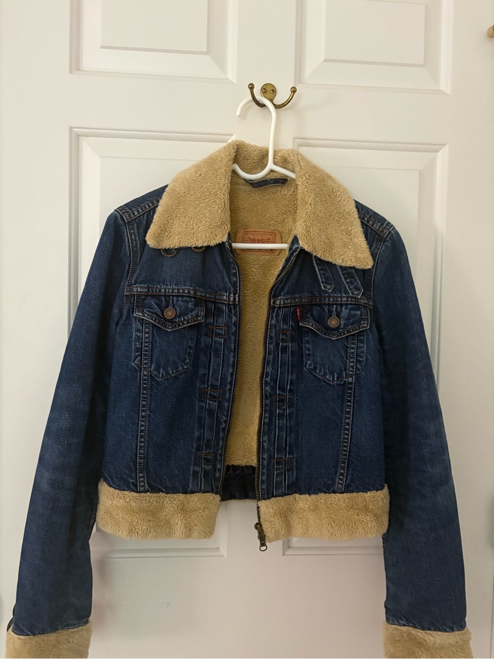 Levi's Blue Denim Sherpa-Lined Jacket with Tan Faux Fur Trim